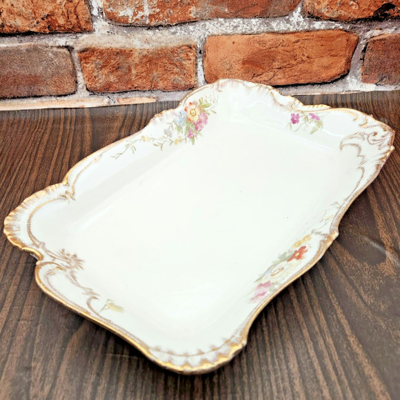Royal Bonn Germany Floral Vanity Tray 13” Scalloped Edge Gold Gilt Antique